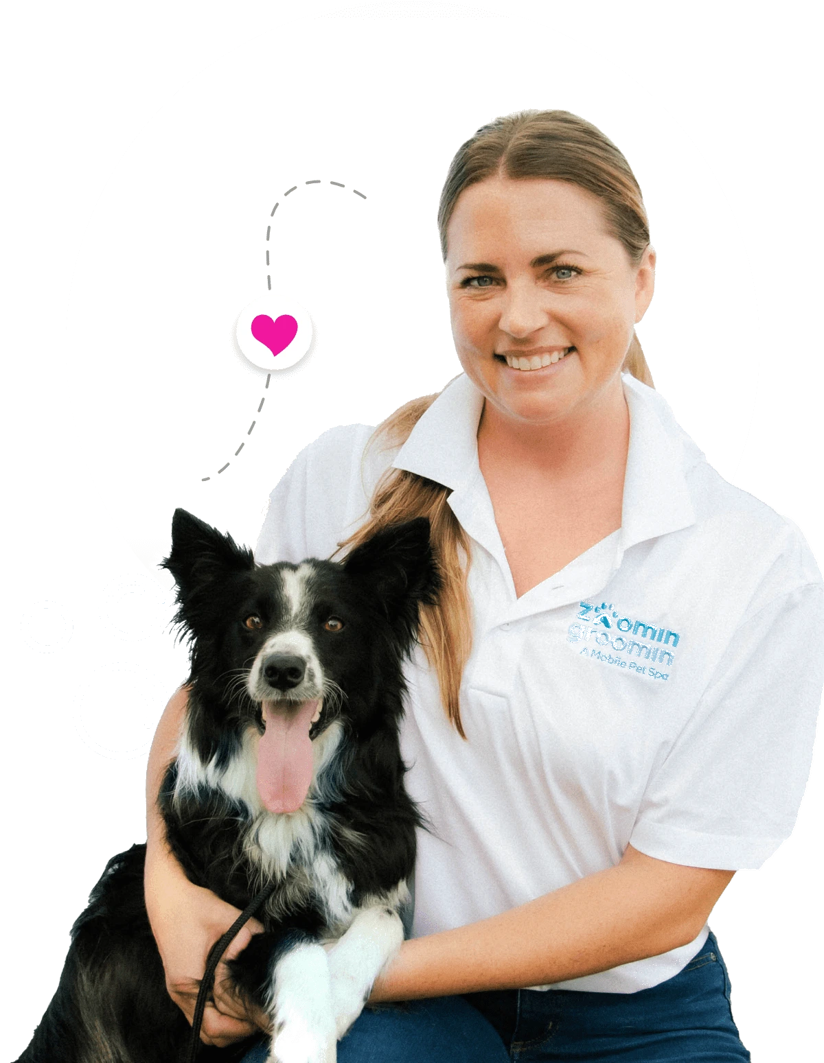 Smiling Zoomin Groomin groomer in branded polo with a happy border collie
